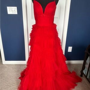 Elegant Gala Prom Black Tie Dress with Full Ruffle Skirt and Deep V neckline